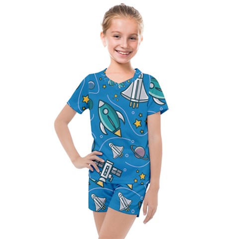 About-space-seamless-pattern Kids  Mesh Tee And Shorts Set by Wav3s