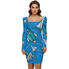 About-space-seamless-pattern Women Long Sleeve Ruched Stretch Jersey Dress by Wav3s