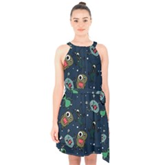 Monster-alien-pattern-seamless-background Halter Collar Waist Tie Chiffon Dress by Wav3s