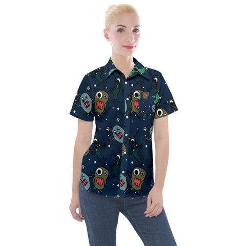 Monster-alien-pattern-seamless-background Women s Short Sleeve Pocket Shirt by Wav3s