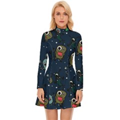 Monster-alien-pattern-seamless-background Long Sleeve Velour Longline Dress by Wav3s