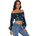 Monster-alien-pattern-seamless-background Long Sleeve Crinkled Weave Crop Top View3