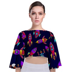 Space-patterns Tie Back Butterfly Sleeve Chiffon Top by Wav3s