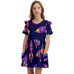 Space-patterns Kids  Frilly Sleeves Pocket Dress by Wav3s