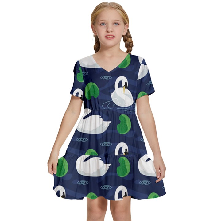 Swan-pattern-elegant-design Kids  Short Sleeve Tiered Mini Dress