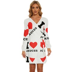 I Love Sauces Long Sleeve Waist Tie Ruffle Velvet Dress