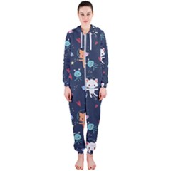 Cute Astronaut Cat With Star Galaxy Elements Seamless Pattern Hooded Jumpsuit (ladies)