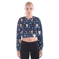 Cute Astronaut Cat With Star Galaxy Elements Seamless Pattern Cropped Sweatshirt