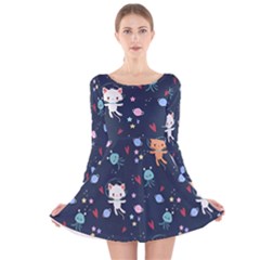 Cute Astronaut Cat With Star Galaxy Elements Seamless Pattern Long Sleeve Velvet Skater Dress