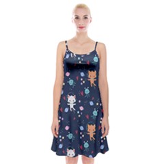 Cute Astronaut Cat With Star Galaxy Elements Seamless Pattern Spaghetti Strap Velvet Dress