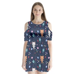 Cute Astronaut Cat With Star Galaxy Elements Seamless Pattern Shoulder Cutout Velvet One Piece