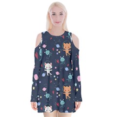 Cute Astronaut Cat With Star Galaxy Elements Seamless Pattern Velvet Long Sleeve Shoulder Cutout Dress