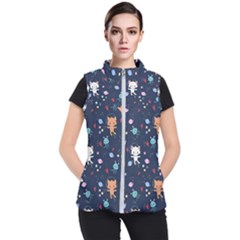 Cute Astronaut Cat With Star Galaxy Elements Seamless Pattern Women s Puffer Vest