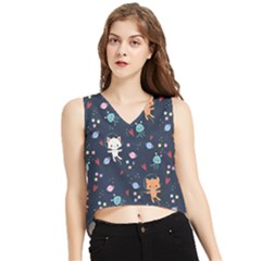 Cute Astronaut Cat With Star Galaxy Elements Seamless Pattern V-neck Cropped Tank Top by Wegoenart