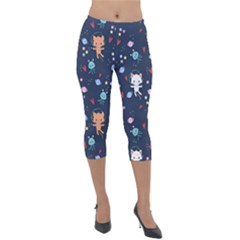 Cute Astronaut Cat With Star Galaxy Elements Seamless Pattern Lightweight Velour Capri Leggings  by Wegoenart