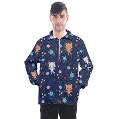 Cute Astronaut Cat With Star Galaxy Elements Seamless Pattern Men s Half Zip Pullover