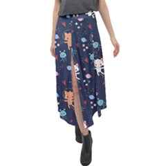 Cute Astronaut Cat With Star Galaxy Elements Seamless Pattern Velour Split Maxi Skirt by Wegoenart