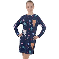 Cute Astronaut Cat With Star Galaxy Elements Seamless Pattern Long Sleeve Hoodie Dress