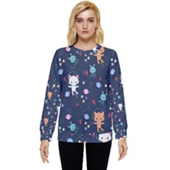 Cute Astronaut Cat With Star Galaxy Elements Seamless Pattern Hidden Pocket Sweatshirt