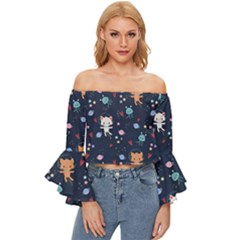 Cute Astronaut Cat With Star Galaxy Elements Seamless Pattern Off Shoulder Flutter Bell Sleeve Top