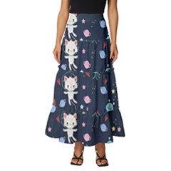 Cute Astronaut Cat With Star Galaxy Elements Seamless Pattern Tiered Ruffle Maxi Skirt by Wegoenart