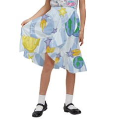 Science Fiction Outer Space Kids  Ruffle Flared Wrap Midi Skirt by Ndabl3x