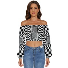 Optical Illusion Chessboard Tunnel Long Sleeve Crinkled Weave Crop Top by Ndabl3x