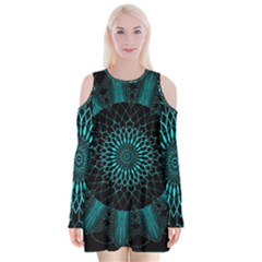 Ornament District Turquoise Velvet Long Sleeve Shoulder Cutout Dress