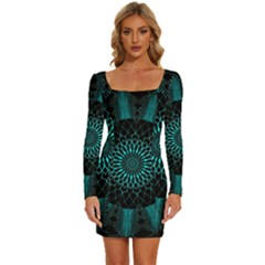 Ornament District Turquoise Long Sleeve Square Neck Bodycon Velvet Dress