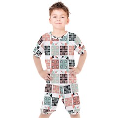 Mint Black Coral Heart Paisley Kids  Tee And Shorts Set by Ndabl3x