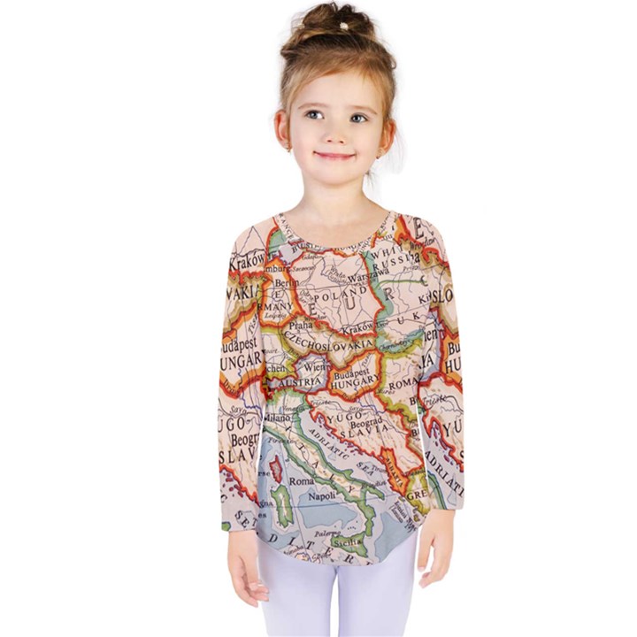 Map Europe Globe Countries States Kids  Long Sleeve Tee