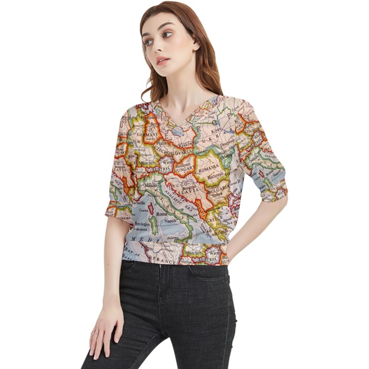 Map Europe Globe Countries States Quarter Sleeve Blouse