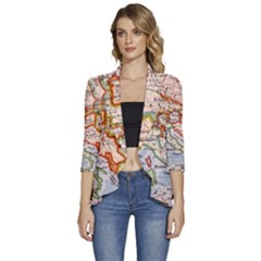 Map Europe Globe Countries States Women s 3/4 Sleeve Ruffle Edge Open Front Jacket by Ndabl3x