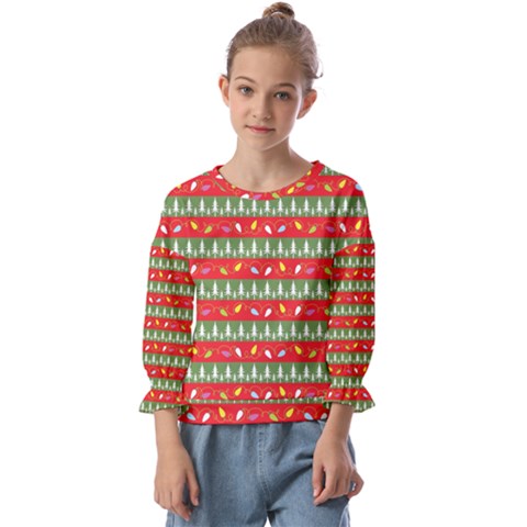 Christmas Papers Red And Green Kids  Cuff Sleeve Top by Ndabl3x