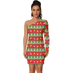 Christmas Papers Red And Green Long Sleeve One Shoulder Mini Dress by Ndabl3x