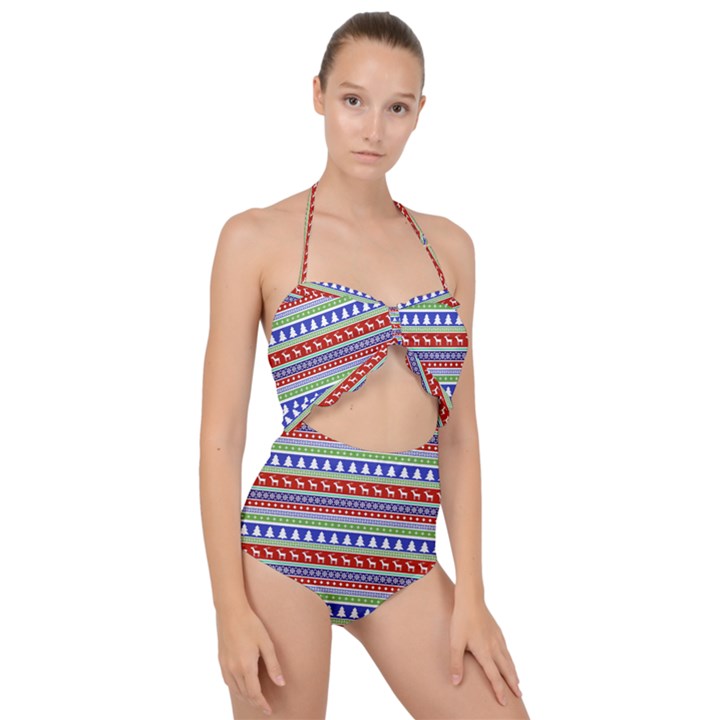 Christmas Color Stripes Pattern Scallop Top Cut Out Swimsuit