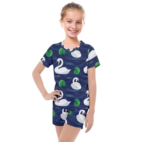 Swan Pattern Elegant Design Kids  Mesh Tee And Shorts Set by Vaneshart