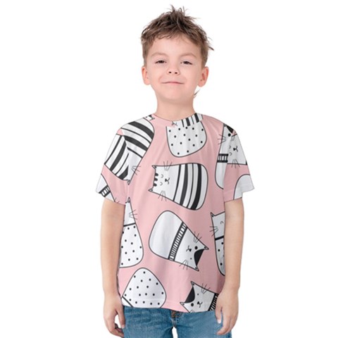 Cute Cats Cartoon Seamless-pattern Kids  Cotton Tee by Vaneshart