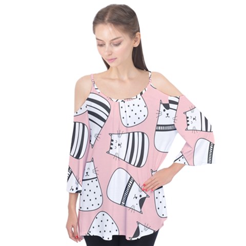 Cute Cats Cartoon Seamless-pattern Flutter Sleeve Tee  by Vaneshart