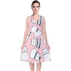 Cute Cats Cartoon Seamless-pattern V-neck Midi Sleeveless Dress  by Vaneshart