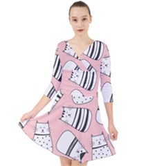 Cute Cats Cartoon Seamless-pattern Quarter Sleeve Front Wrap Dress by Vaneshart