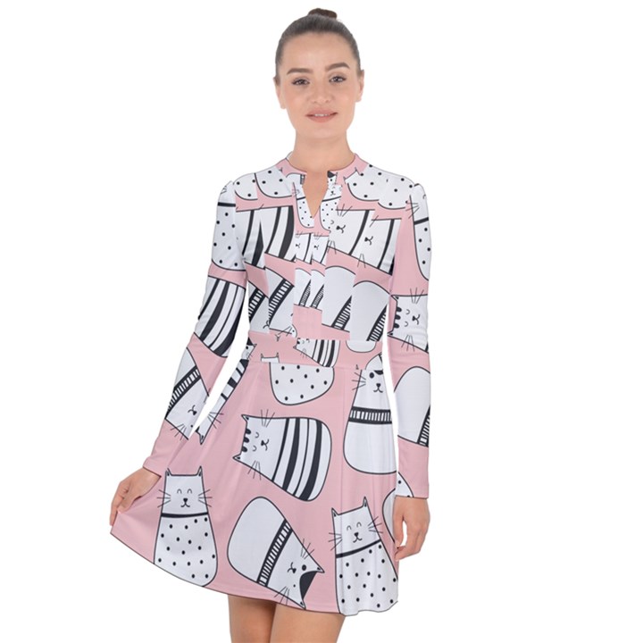 Cute Cats Cartoon Seamless-pattern Long Sleeve Panel Dress