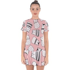 Cute Cats Cartoon Seamless-pattern Drop Hem Mini Chiffon Dress by Vaneshart