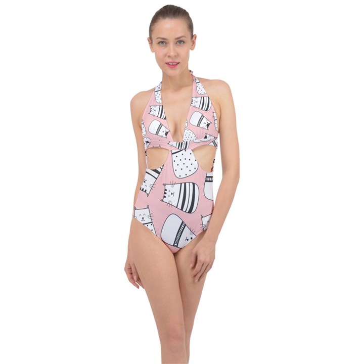 Cute Cats Cartoon Seamless-pattern Halter Front Plunge Swimsuit