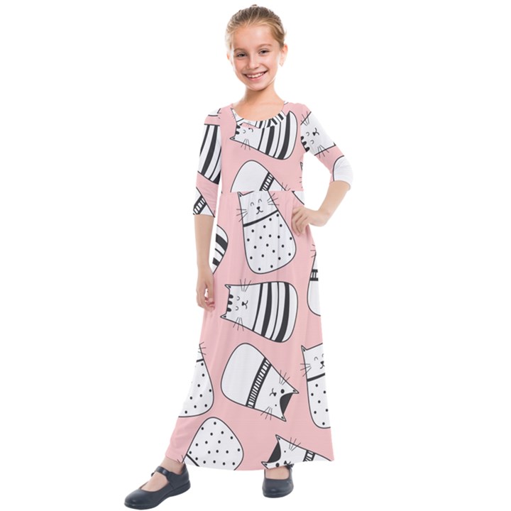 Cute Cats Cartoon Seamless-pattern Kids  Quarter Sleeve Maxi Dress