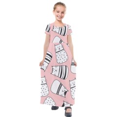 Cute Cats Cartoon Seamless-pattern Kids  Short Sleeve Maxi Dress by Vaneshart