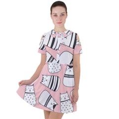 Cute Cats Cartoon Seamless-pattern Short Sleeve Shoulder Cut Out Dress  by Vaneshart