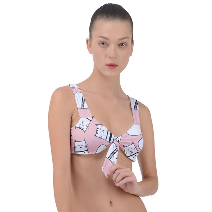 Cute Cats Cartoon Seamless-pattern Front Tie Bikini Top