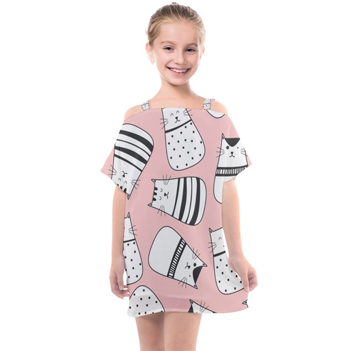 Cute Cats Cartoon Seamless-pattern Kids  One Piece Chiffon Dress