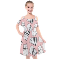 Cute Cats Cartoon Seamless-pattern Kids  Cut Out Shoulders Chiffon Dress by Vaneshart